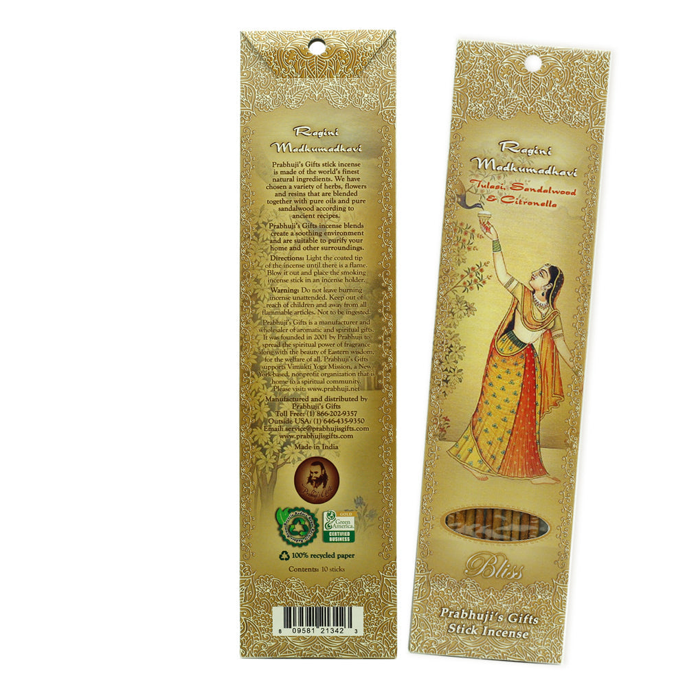 Incense Sticks Ragini Madhumadhavi - Tulasi, Sandalwood, and Citronella - Bliss - Wholesale and Retail Prabhuji's Gifts