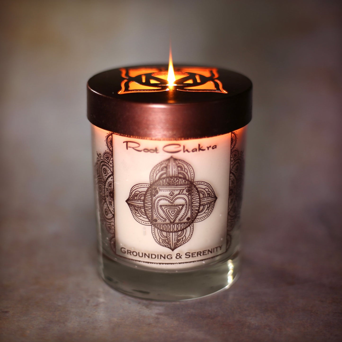 Prabhuji Root Chakra Muladhara | Soy Candle for Chakra Meditation with Essential Oils | Sandalwood | Grounding and Serenity - 10.5oz