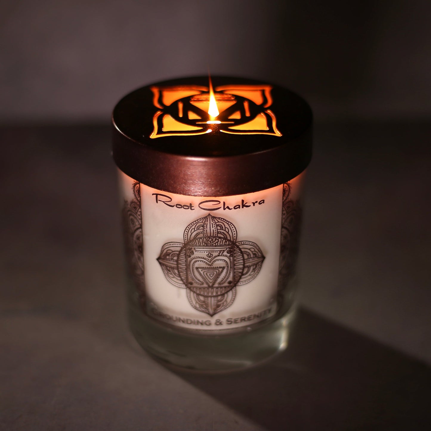 Prabhuji Root Chakra Muladhara | Soy Candle for Chakra Meditation with Essential Oils | Sandalwood | Grounding and Serenity - 10.5oz