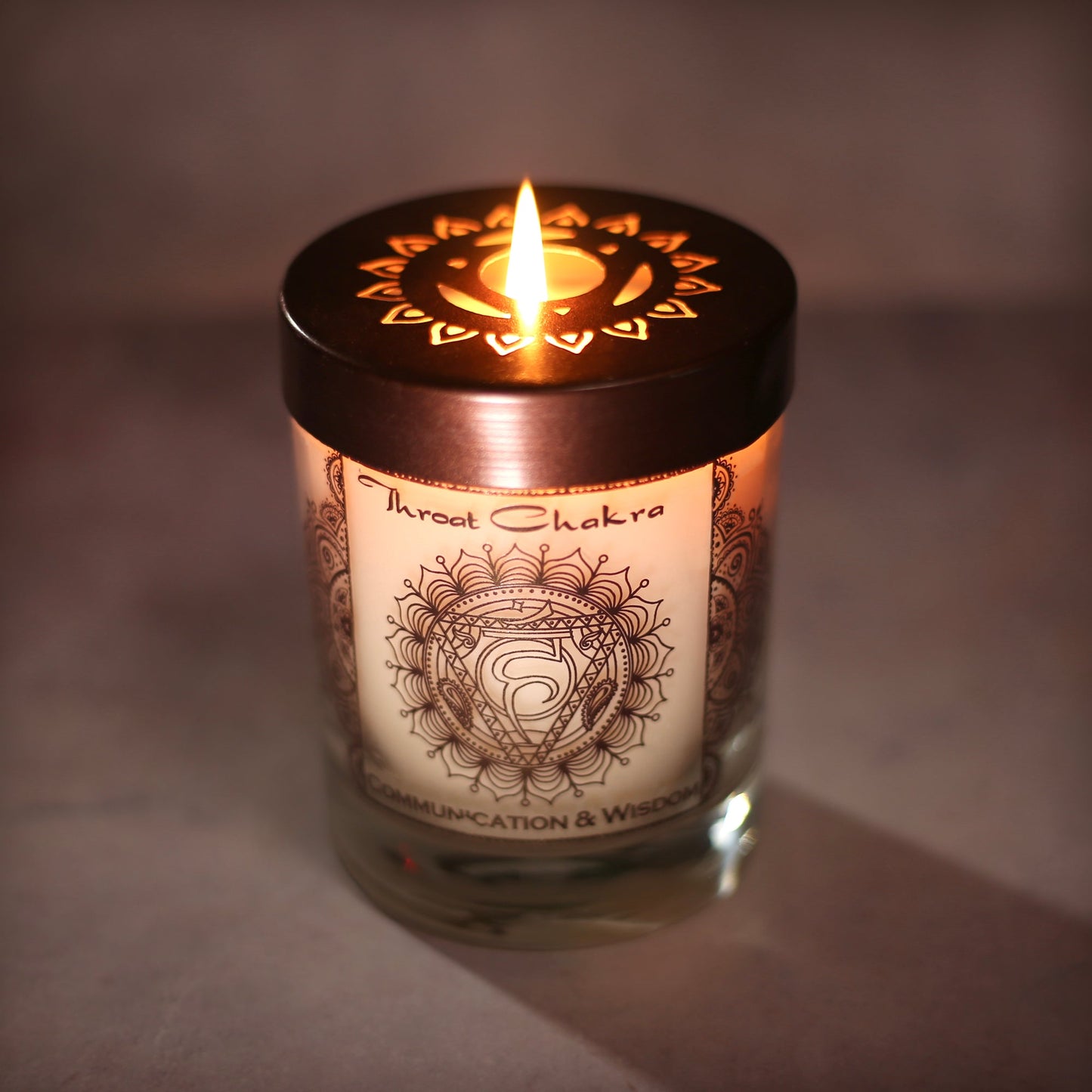 Prabhuji Throat Chakra Vishuddha | Candle for Chakra Meditation Scented with Essential Oils | Woods & Amber | Communication and Wisdom - 10.5oz