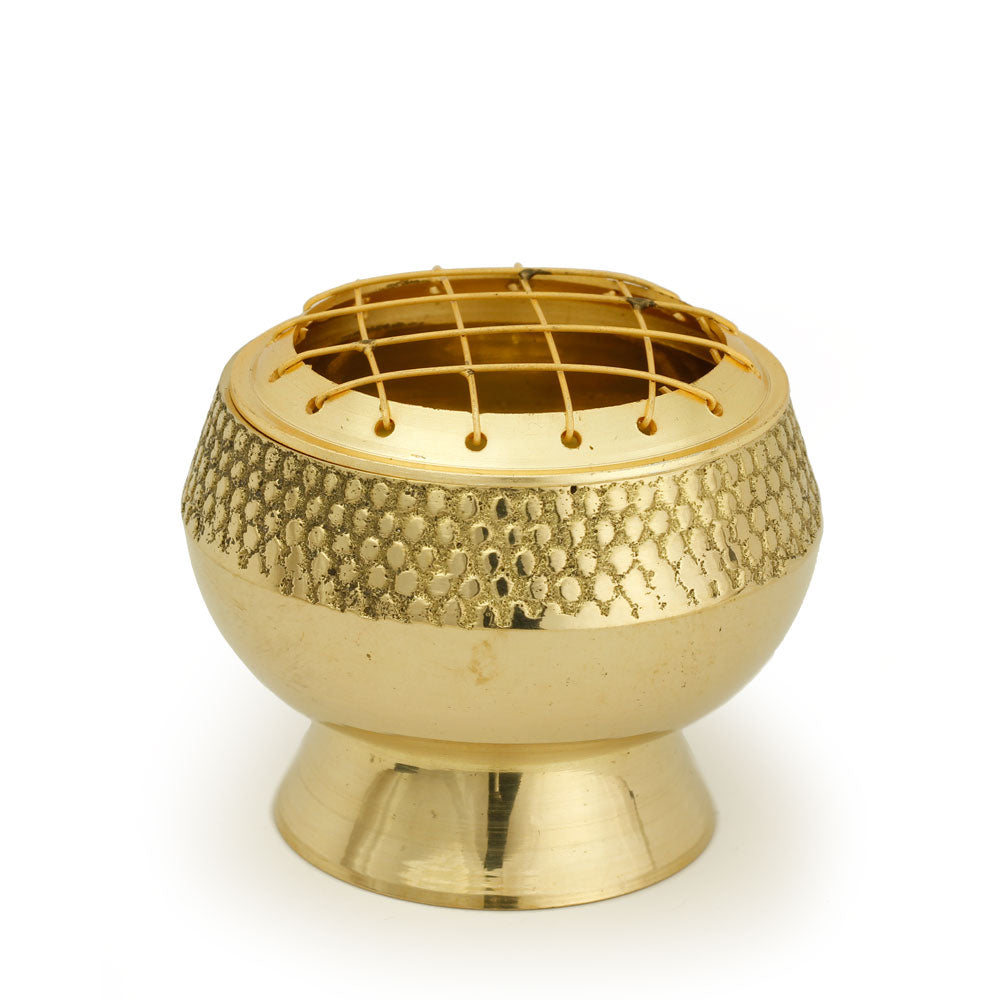Burner - Embossed Brass Burner, Medium Base, Net Top 2.25"Hx2.5"D - Wholesale and Retail Prabhuji's Gifts