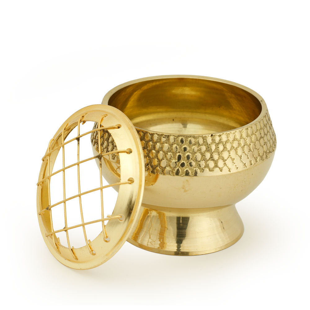 Burner - Embossed Brass Burner, Medium Base, Net Top 2.25"Hx2.5"D - Wholesale and Retail Prabhuji's Gifts