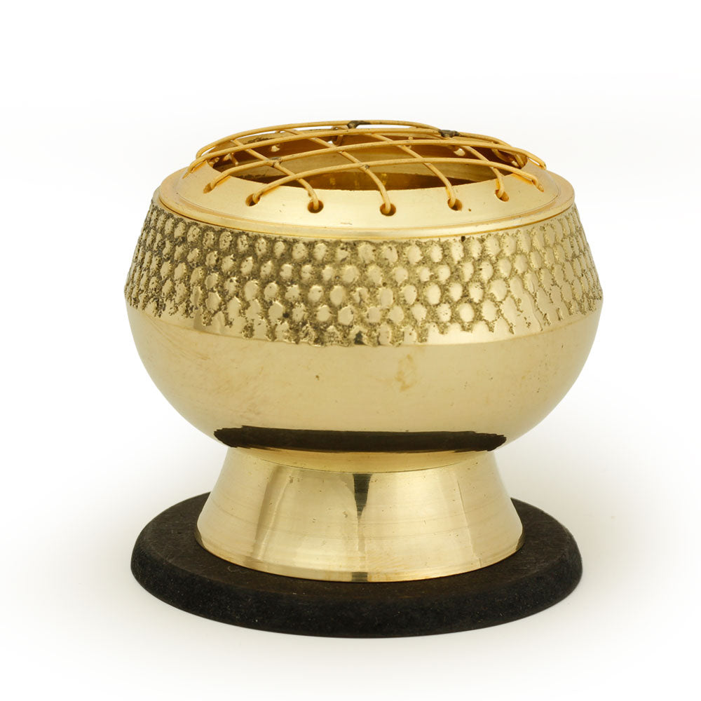 Burner - Embossed Brass Burner, Medium Base, Net Top 2.25"Hx2.5"D - Wholesale and Retail Prabhuji's Gifts