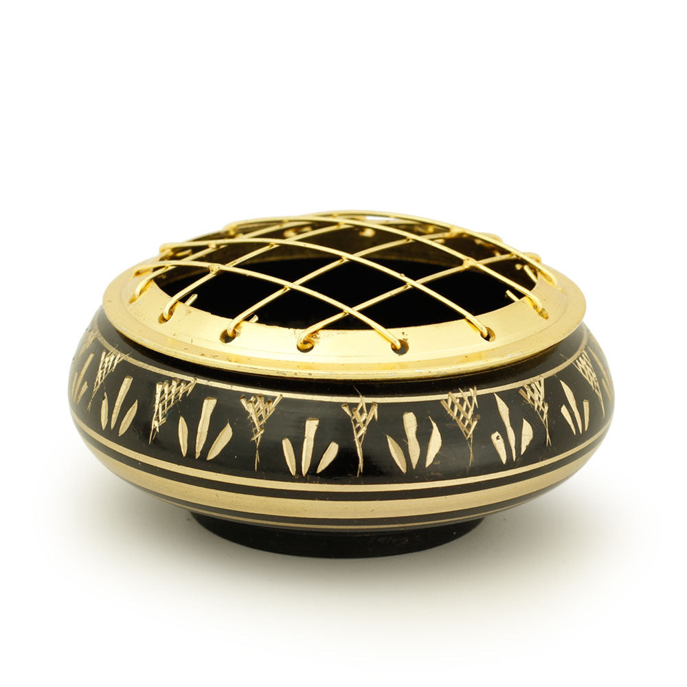 Burner - Black Brass Burner, Low Base, Fern Engraving, Net Top 1.25"Hx2.75"D - Wholesale and Retail Prabhuji's Gifts