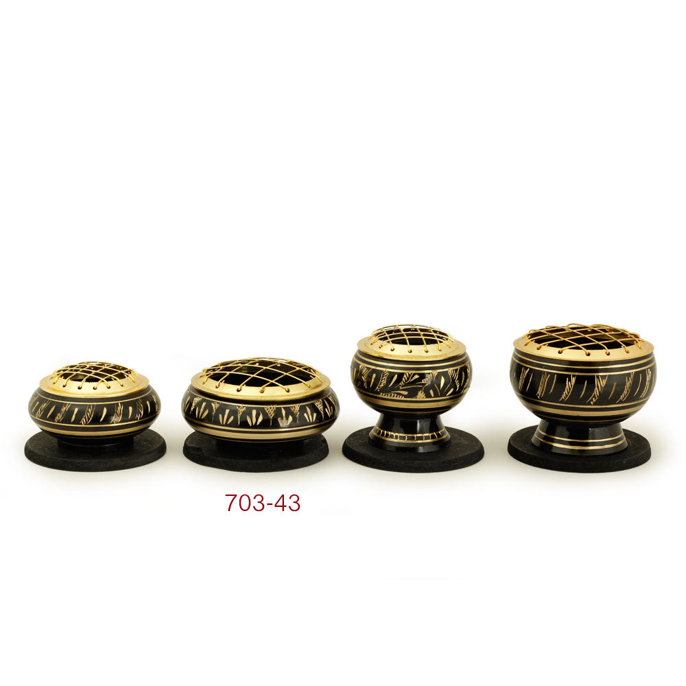Burner - Black Brass Burner, Low Base, Fern Engraving, Net Top 1.25"Hx2.75"D - Wholesale and Retail Prabhuji's Gifts