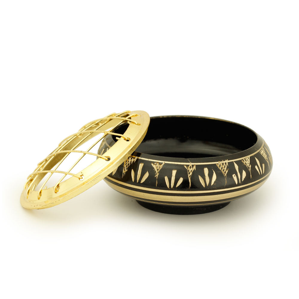 Burner - Black Brass Burner, Low Base, Fern Engraving, Net Top 1.25"Hx2.75"D - Wholesale and Retail Prabhuji's Gifts