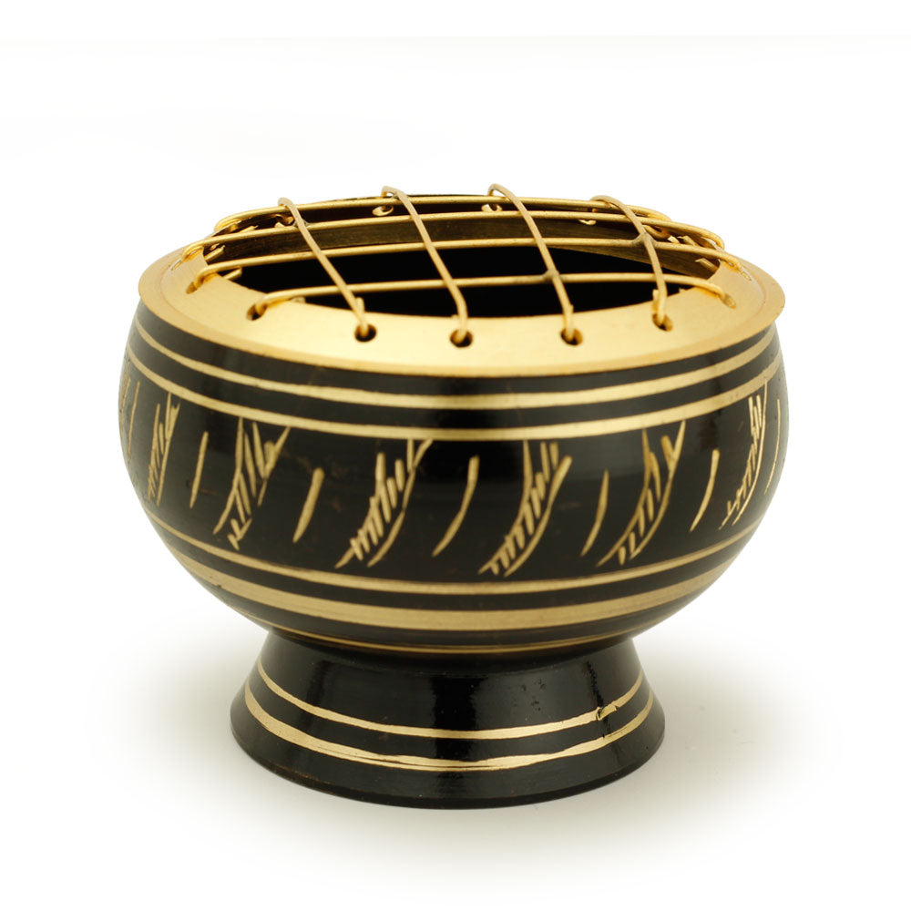 Burner - Black Brass Burner, Medium Base, Feather Engraving, Net Top 2"Hx2.5"D - Wholesale and Retail Prabhuji's Gifts