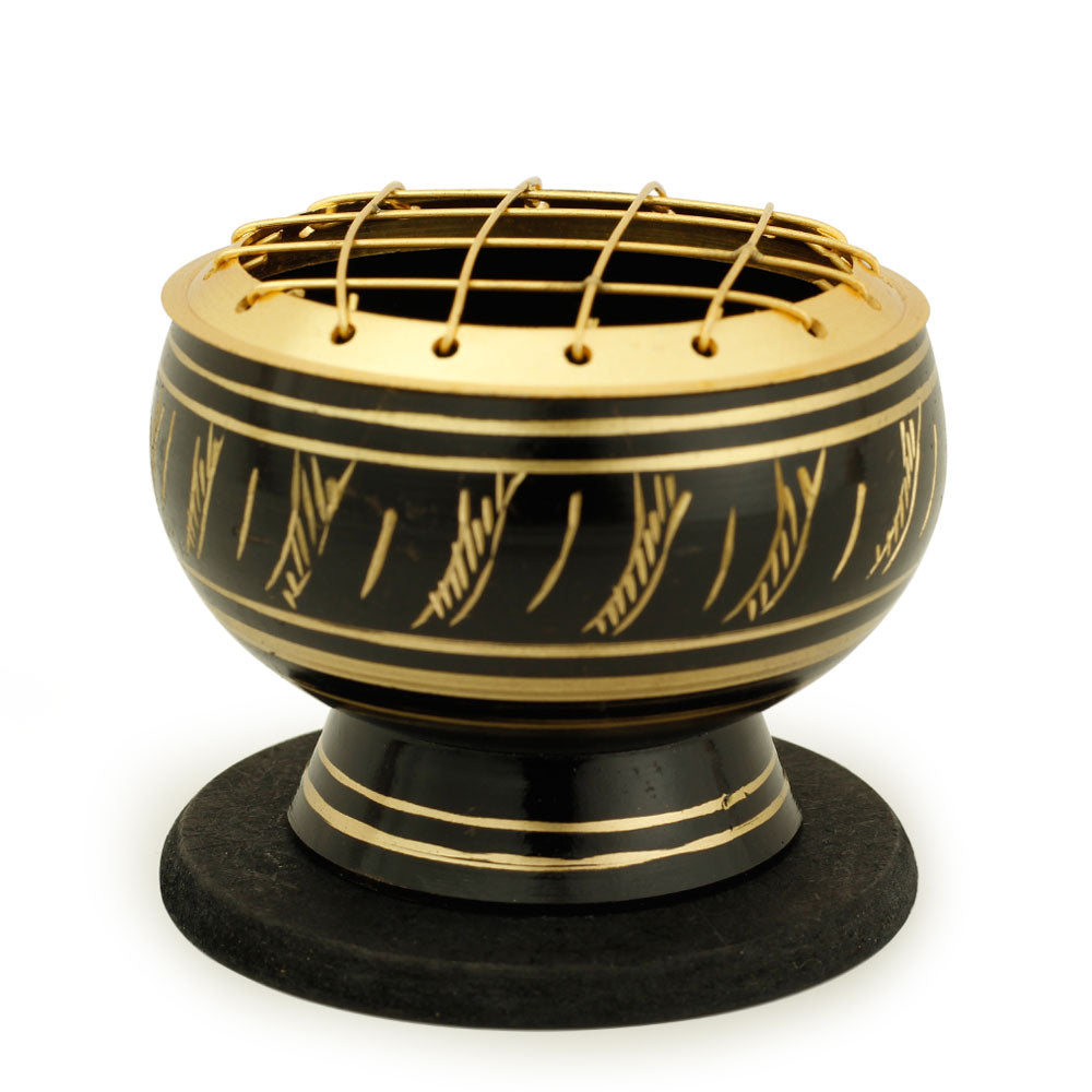 Burner - Black Brass Burner, Medium Base, Feather Engraving, Net Top 2"Hx2.5"D - Wholesale and Retail Prabhuji's Gifts