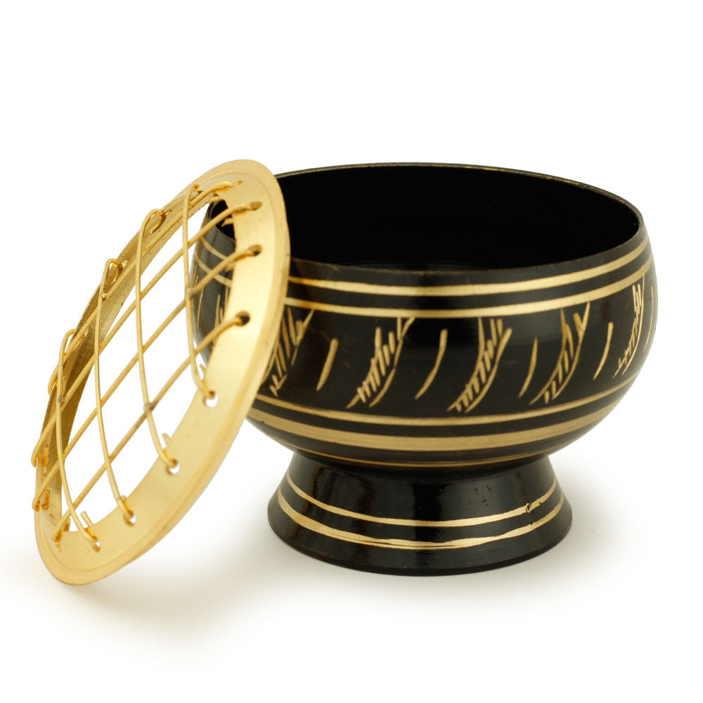 Burner - Black Brass Burner, Medium Base, Feather Engraving, Net Top 2"Hx2.5"D - Wholesale and Retail Prabhuji's Gifts