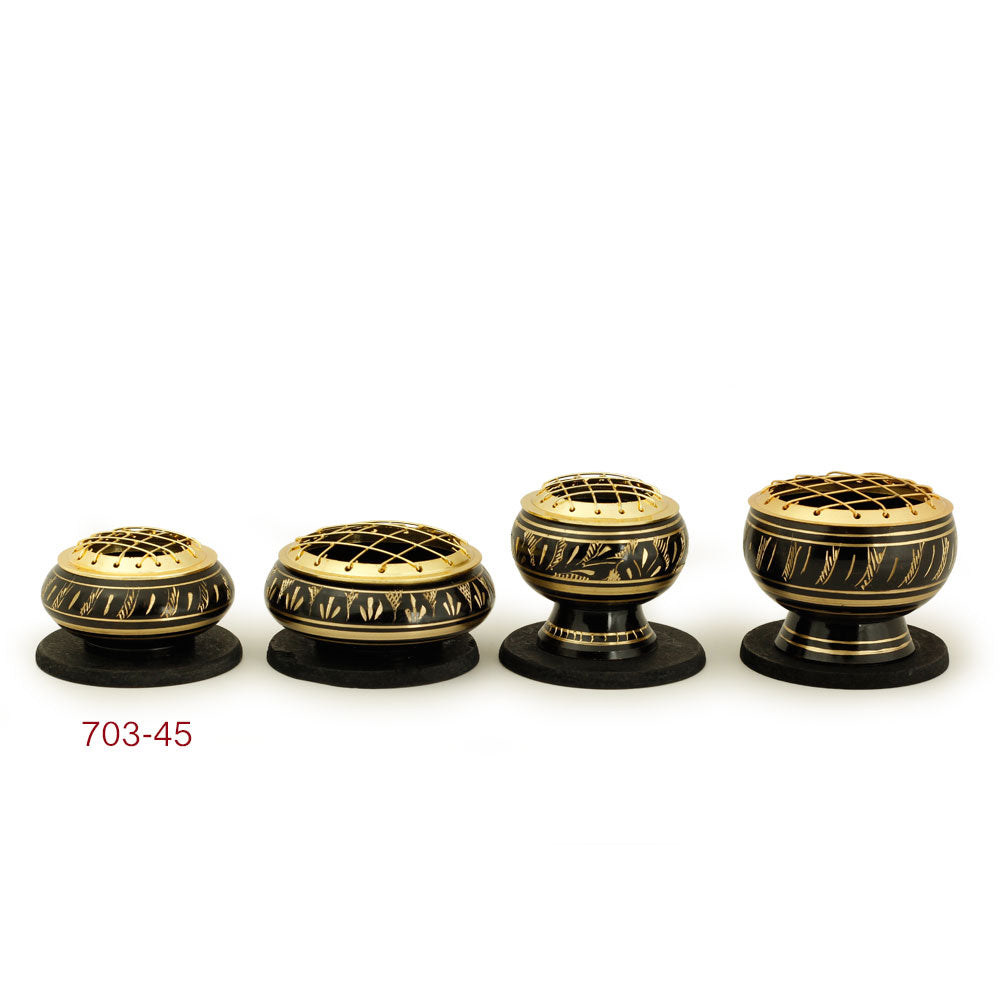 Burner - Black Brass Burner, Low Base, Feather Engraving, Net Top 1.25"Hx2.25"D - Wholesale and Retail Prabhuji's Gifts