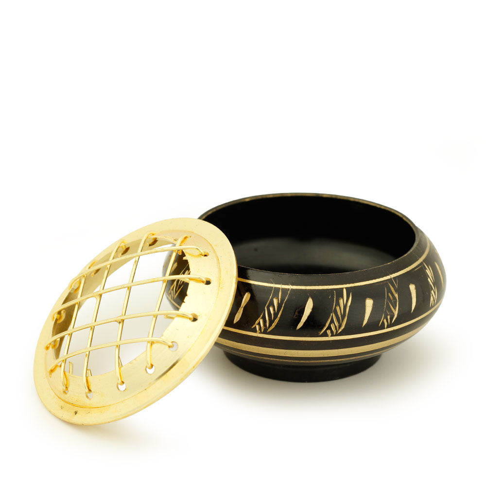 Burner - Black Brass Burner, Low Base, Feather Engraving, Net Top 1.25"Hx2.25"D - Wholesale and Retail Prabhuji's Gifts