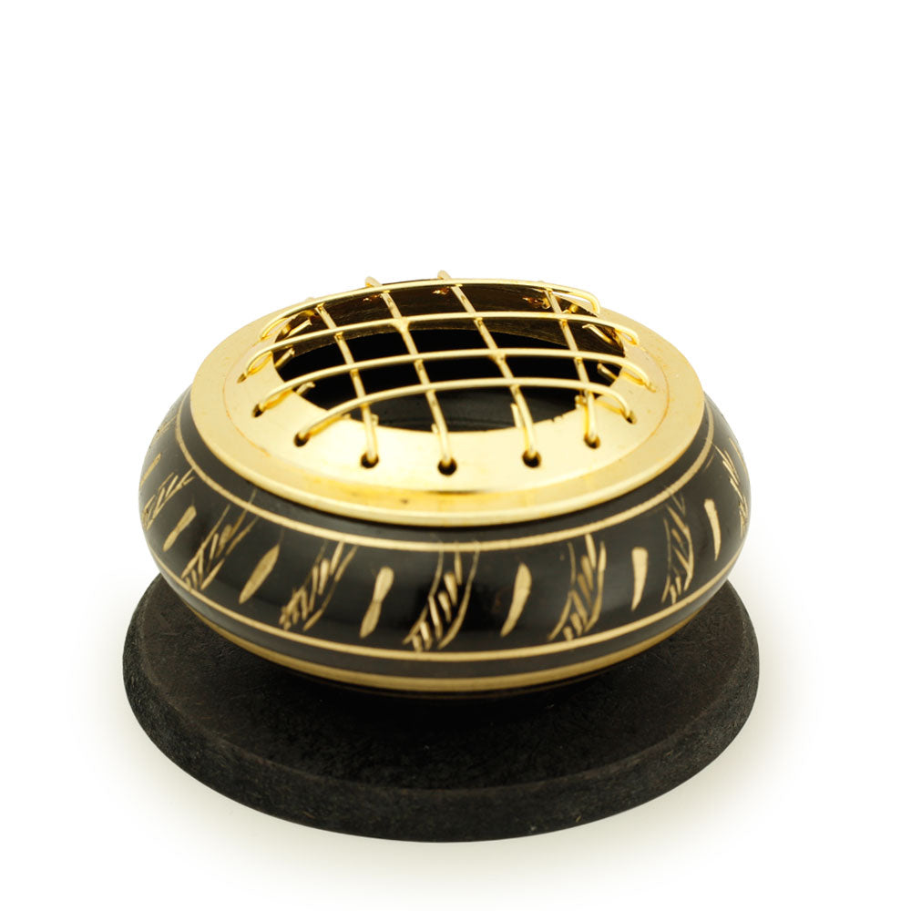 Burner - Black Brass Burner, Low Base, Feather Engraving, Net Top 1.25"Hx2.25"D - Wholesale and Retail Prabhuji's Gifts