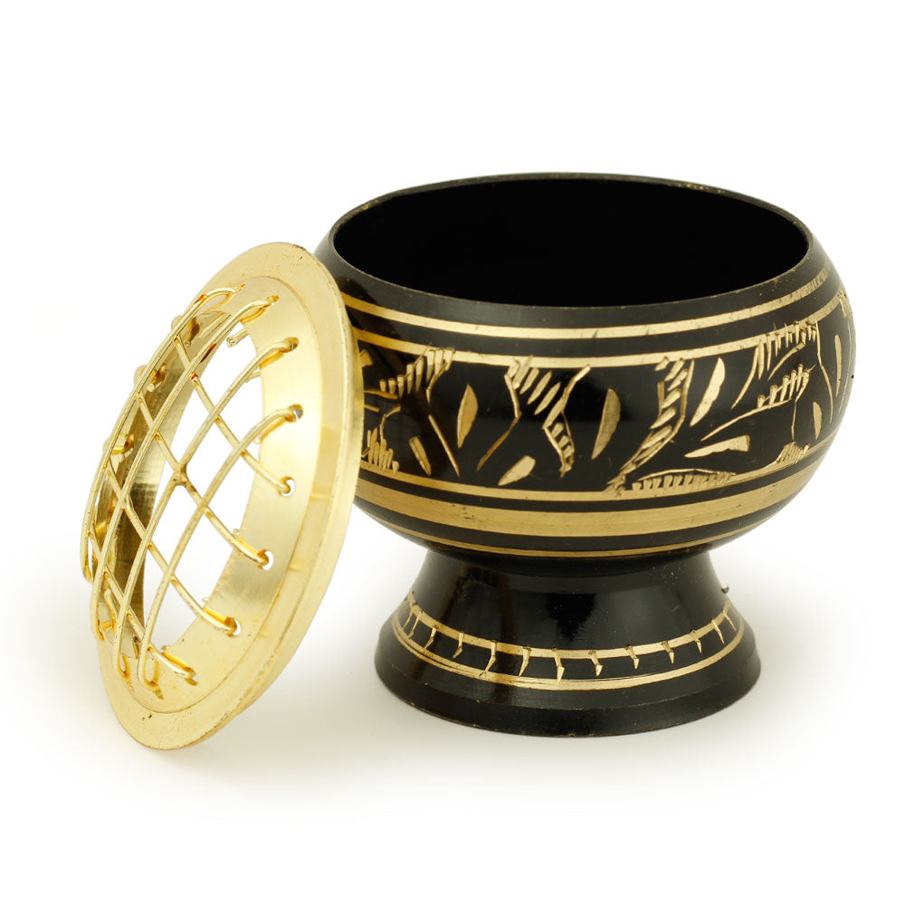 Burner - Black Brass Burner, Medium Base, Fern Engraving, Net Top 2"Hx2"D - Wholesale and Retail Prabhuji's Gifts