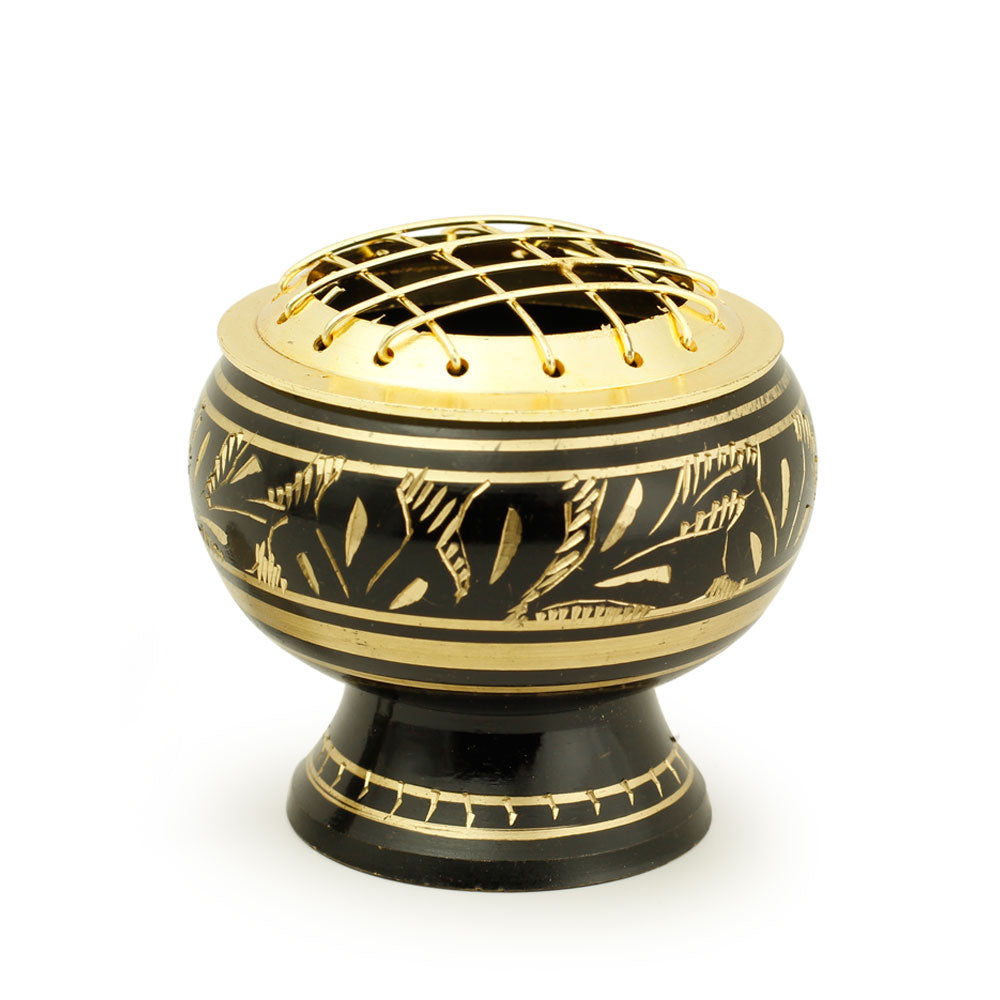 Burner - Black Brass Burner, Medium Base, Fern Engraving, Net Top 2"Hx2"D - Wholesale and Retail Prabhuji's Gifts