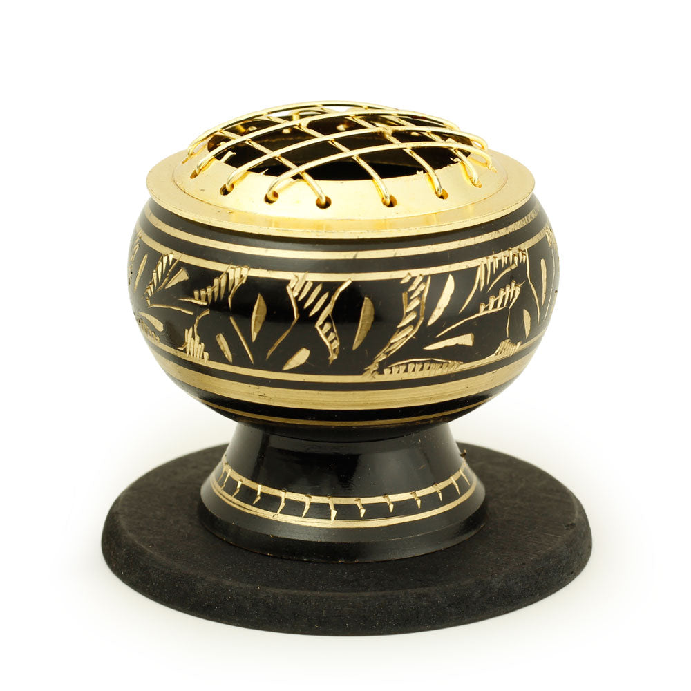 Burner - Black Brass Burner, Medium Base, Fern Engraving, Net Top 2"Hx2"D - Wholesale and Retail Prabhuji's Gifts