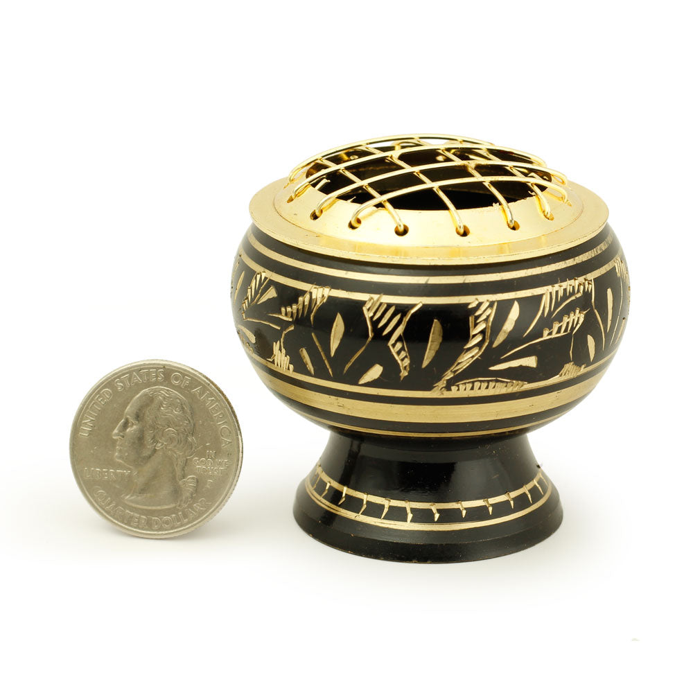 Burner - Black Brass Burner, Medium Base, Fern Engraving, Net Top 2"Hx2"D - Wholesale and Retail Prabhuji's Gifts