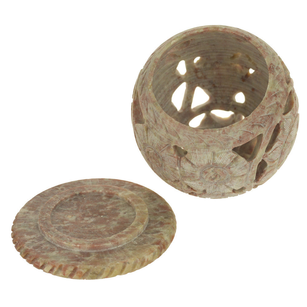 Burner for Cones and Candle Holder - Soapstone Carved T-Lite Ball - Flowers 3 inches - Wholesale and Retail Prabhuji's Gifts