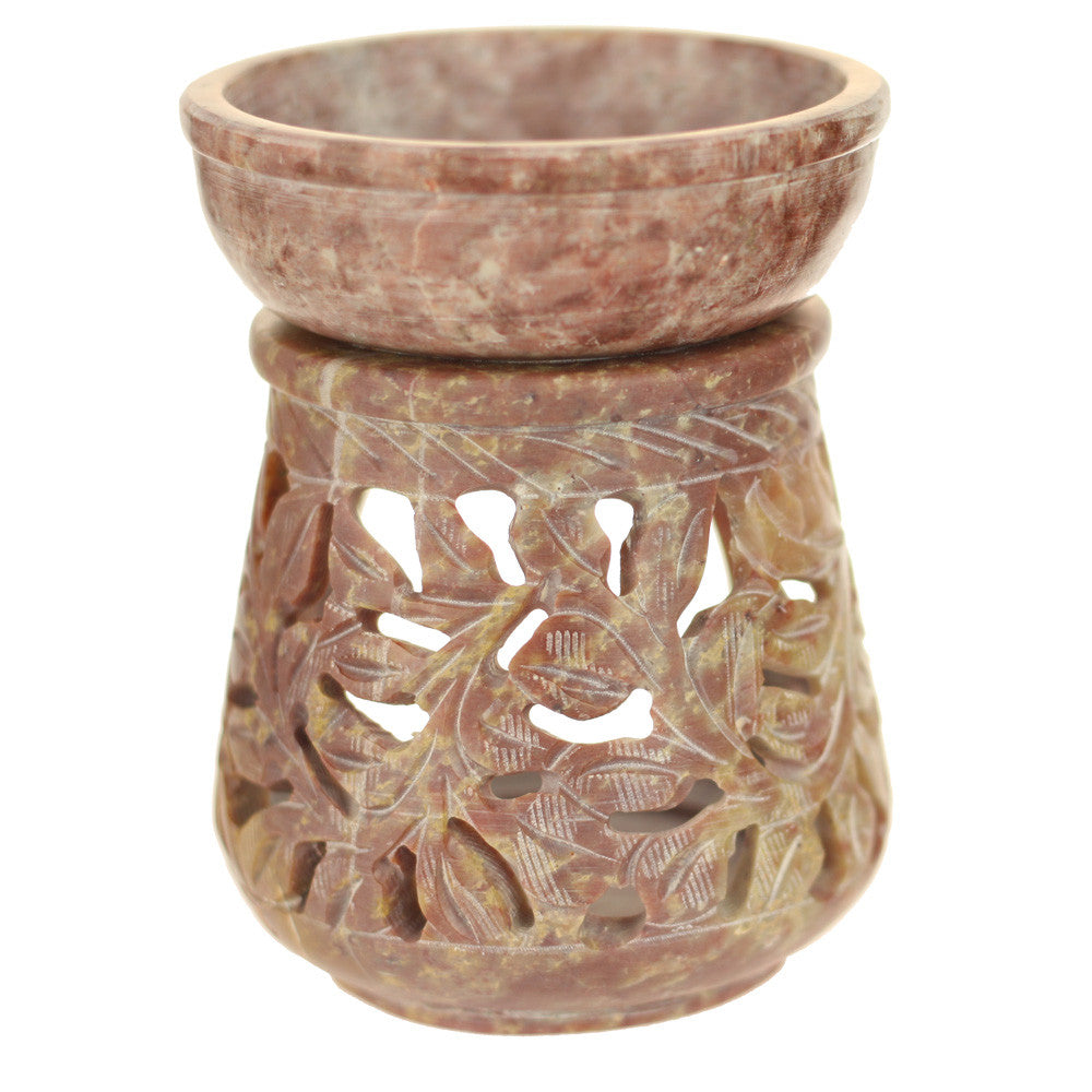 Oil Diffuser - Natural Soapstone Oil Burner Round Leaves 4" - Wholesale and Retail Prabhuji's Gifts