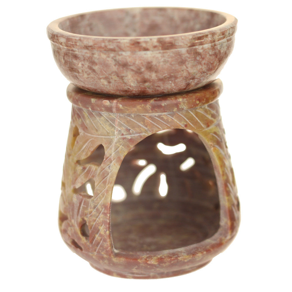 Oil Diffuser - Natural Soapstone Oil Burner Round Leaves 4" - Wholesale and Retail Prabhuji's Gifts