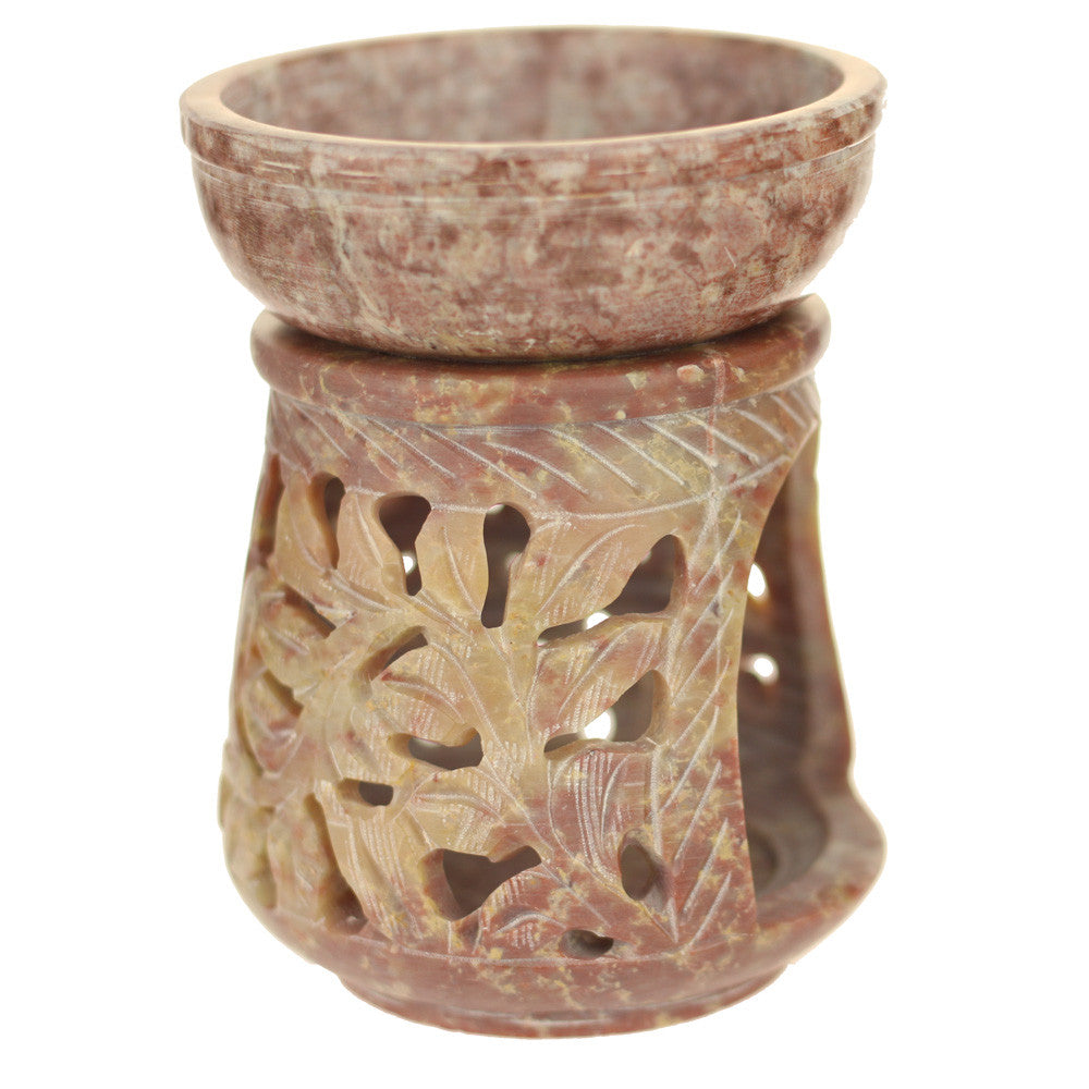 Oil Diffuser - Natural Soapstone Oil Burner Round Leaves 4" - Wholesale and Retail Prabhuji's Gifts