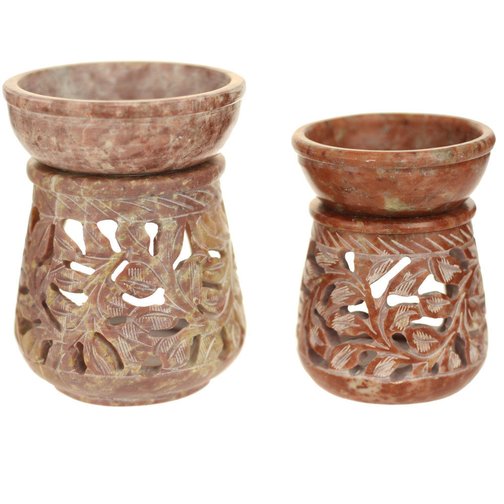 Oil Diffuser - Natural Soapstone Oil Burner Round Leaves 4" - Wholesale and Retail Prabhuji's Gifts