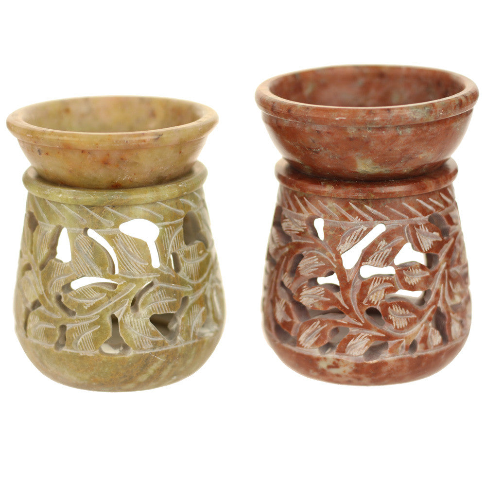 Oil Diffuser - Natural Soapstone Oil Burner Round Leaves 3.25" - Wholesale and Retail Prabhuji's Gifts