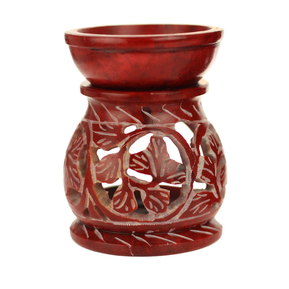 Oil Diffuser - Red Soapstone Oil Burner Round leaves 3.25" - Wholesale and Retail Prabhuji's Gifts