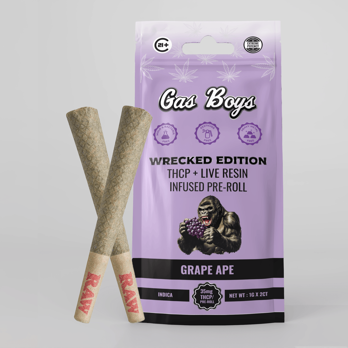 THCP LIVE RESIN INFUSED PRE - ROLL Grape Ape Display Box - Indica (10ct pouches) - Tree Spirit Wellness