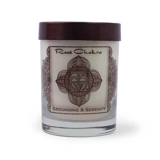 Soy Candle for Chakra Meditation Scented with Essential Oils | Root Chakra Muladhara | Sandalwood | Grounding and Serenity - 10.5oz - Wholesale and Retail Prabhuji's Gifts 
