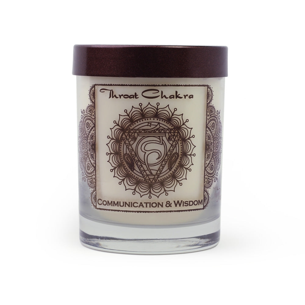 Soy Candle for Chakra Meditation Scented with Essential Oils | Throat Chakra Vishuddha | Woods & Amber | Communication and Wisdom - 10.5oz - Wholesale and Retail Prabhuji's Gifts 