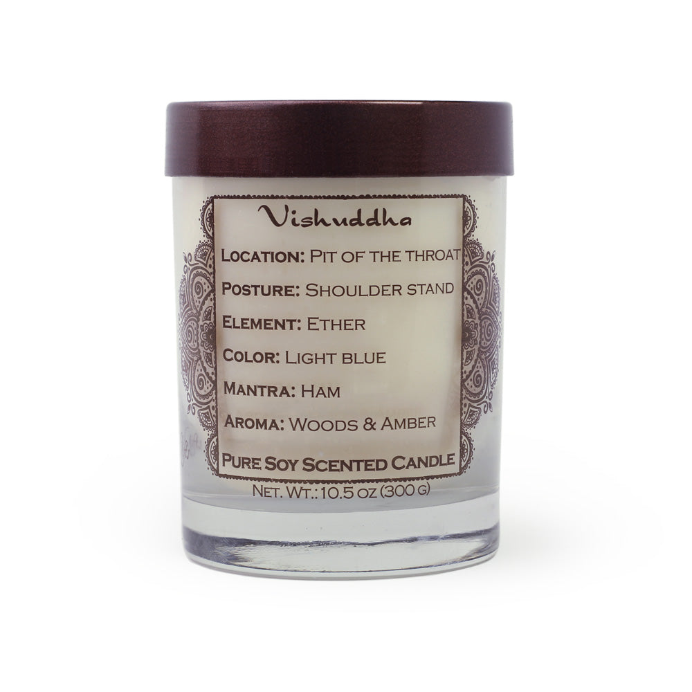 Soy Candle for Chakra Meditation Scented with Essential Oils | Throat Chakra Vishuddha | Woods & Amber | Communication and Wisdom - 10.5oz - Wholesale and Retail Prabhuji's Gifts 