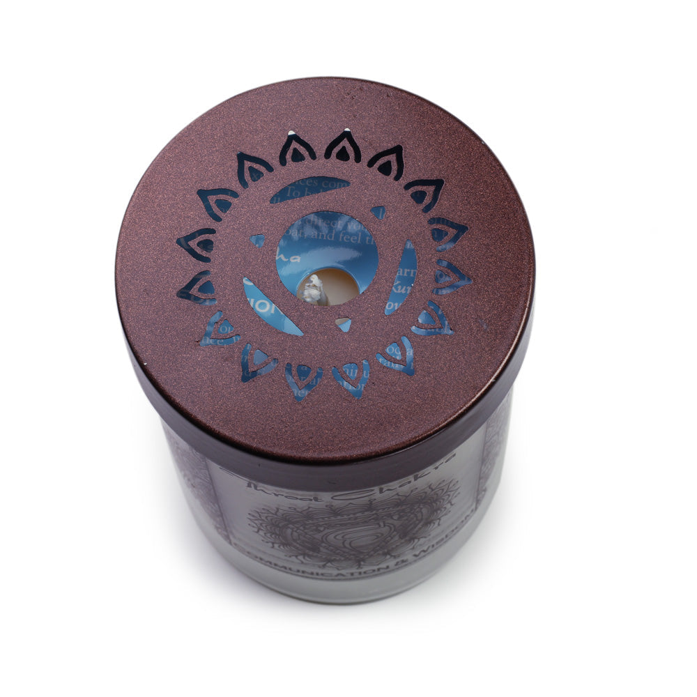 Soy Candle for Chakra Meditation Scented with Essential Oils | Throat Chakra Vishuddha | Woods & Amber | Communication and Wisdom - 10.5oz - Wholesale and Retail Prabhuji's Gifts 