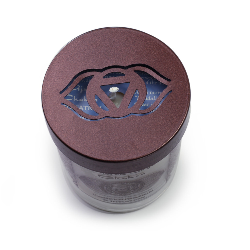 Soy Candle for Chakra Meditation Scented with Essential Oils | Third Eye Chakra Ajna | Indian Jasmine | Concentration and Intuition - 10.5oz - Wholesale and Retail Prabhuji's Gifts 