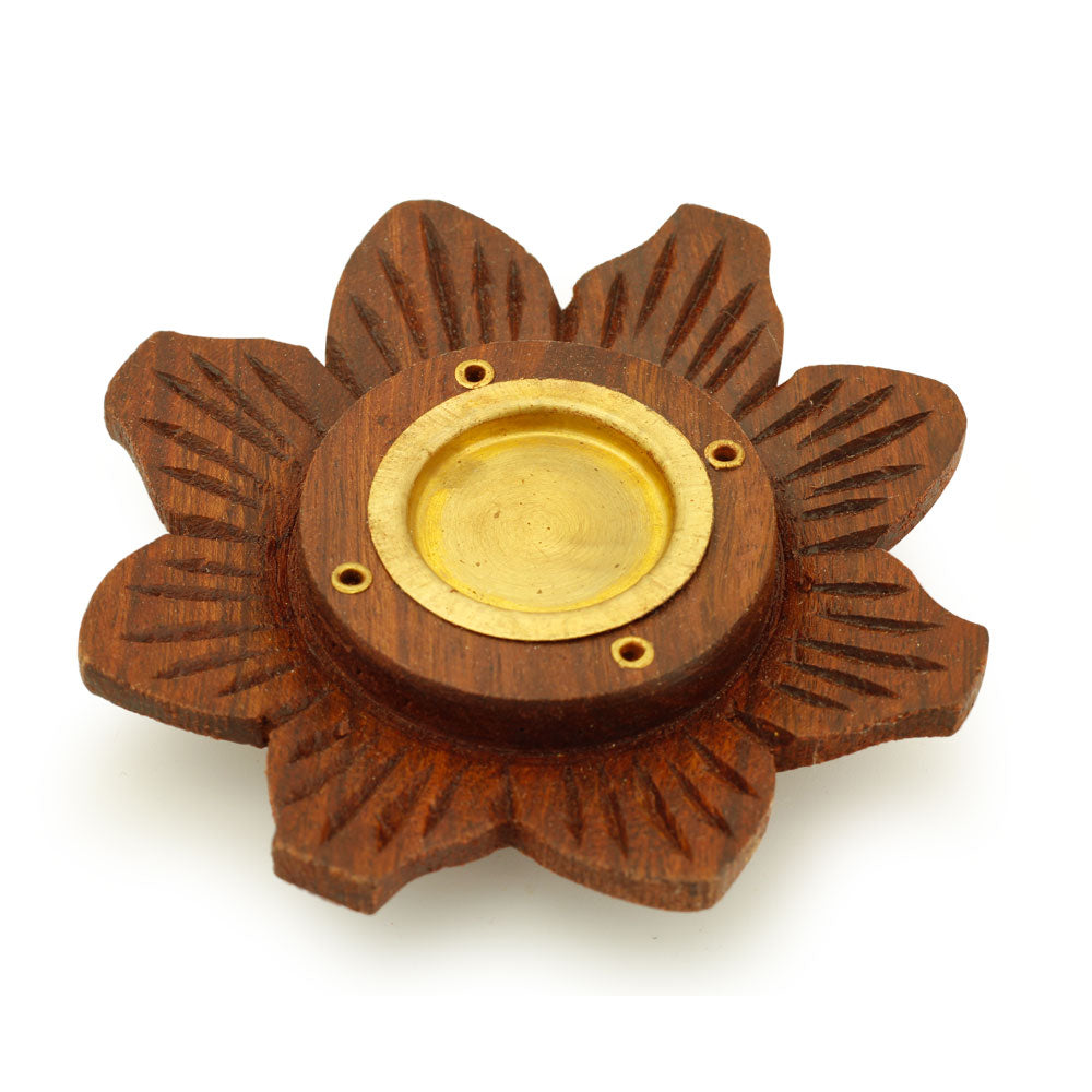 Incense Burner - Wooden Round Plate Lotus - 4 inches - Wholesale and Retail Prabhuji's Gifts 