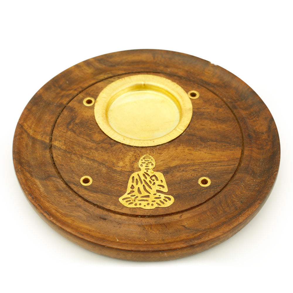 Incense Burner - Wooden Round Plate Buddha - 4 inches - Wholesale and Retail Prabhuji's Gifts 