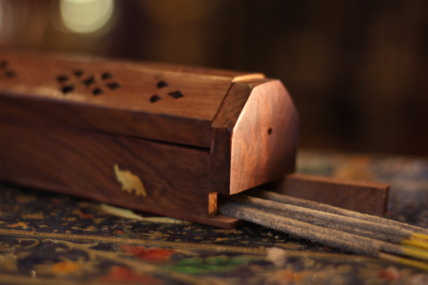 Prabhuji Incense Burner - Wooden Box with Storage - Elephant