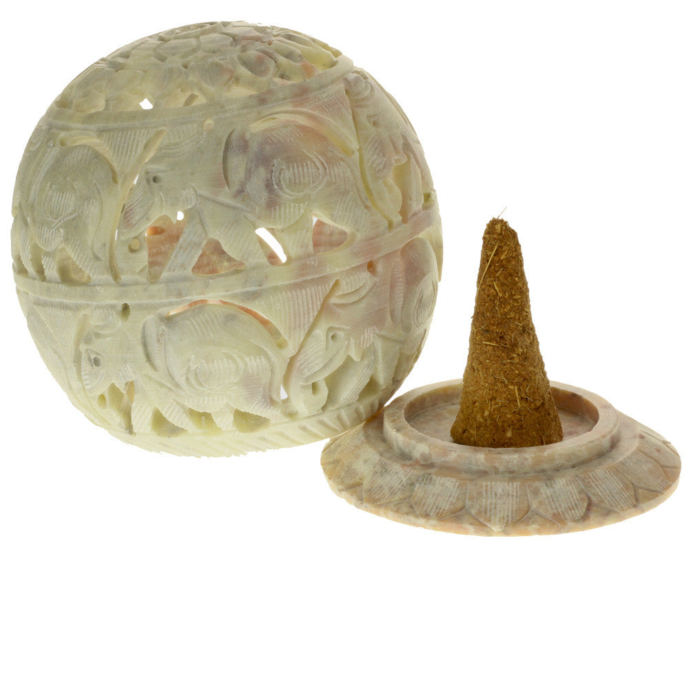 Burner for Cones and Candle Holder - Soapstone Carved T-Lite Ball - Elephant 3.5 inches - Wholesale and Retail Prabhuji's Gifts 