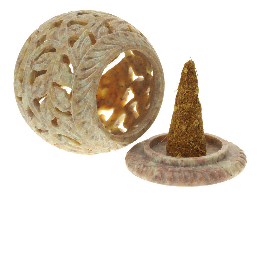 Burner for Cones and Candle Holder - Soapstone Carved T-Lite Ball - Large leaves 3 inches - Wholesale and Retail Prabhuji's Gifts 