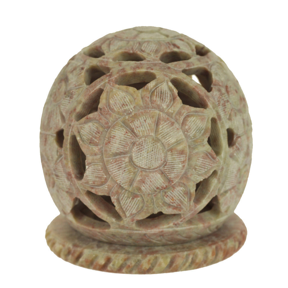 Burner for Cones and Candle Holder - Soapstone Carved T-Lite Ball - Flowers 3 inches - Wholesale and Retail Prabhuji's Gifts 