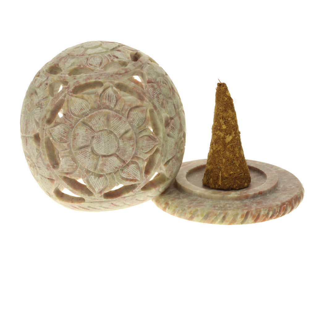 Burner for Cones and Candle Holder - Soapstone Carved T-Lite Ball - Flowers 3 inches - Wholesale and Retail Prabhuji's Gifts 