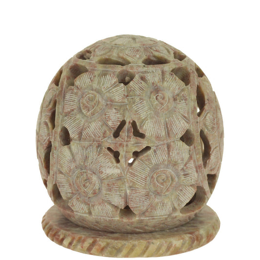 Burner for Cones and Candle Holder - Soapstone Carved T-Lite Ball - Flowers 3 inches - Wholesale and Retail Prabhuji's Gifts 