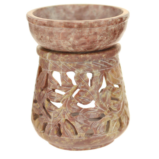 Oil Diffuser - Natural Soapstone Oil Burner Round Leaves 4" - Wholesale and Retail Prabhuji's Gifts 
