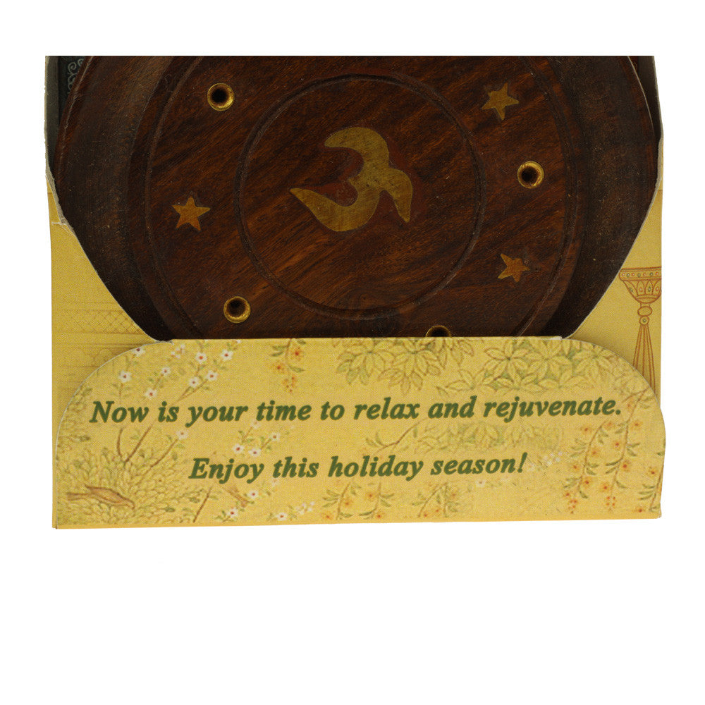 Incense Gift Set - Wood Round Burner + 3 Harmony Incense Sticks & Holiday Greeting (Madhumadhavi, Sehuti, Padmanjari) - Wholesale and Retail Prabhuji's Gifts 