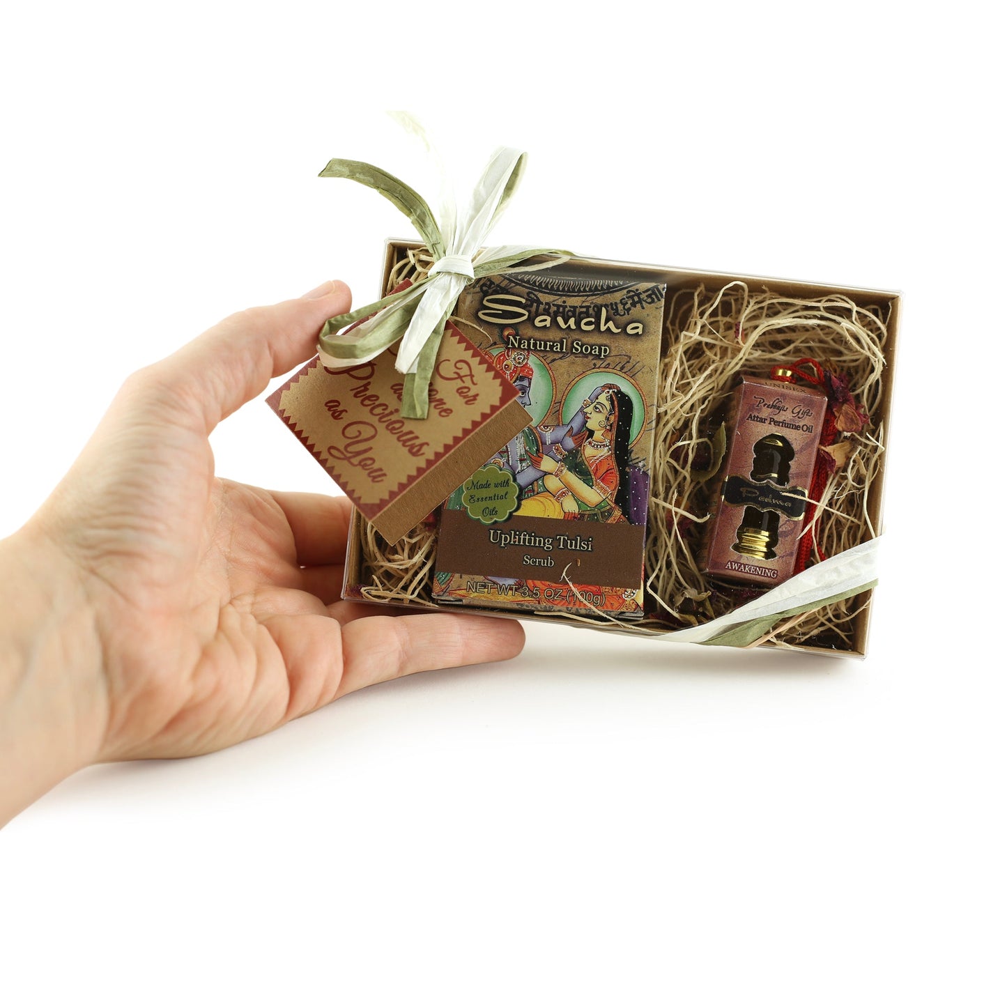 Prabhuji Gift Set - Saucha Bar Soap 'Uplifting Tulsi' and Attar Oil 'Padma' - with Greeting 'For someone as precious as you'