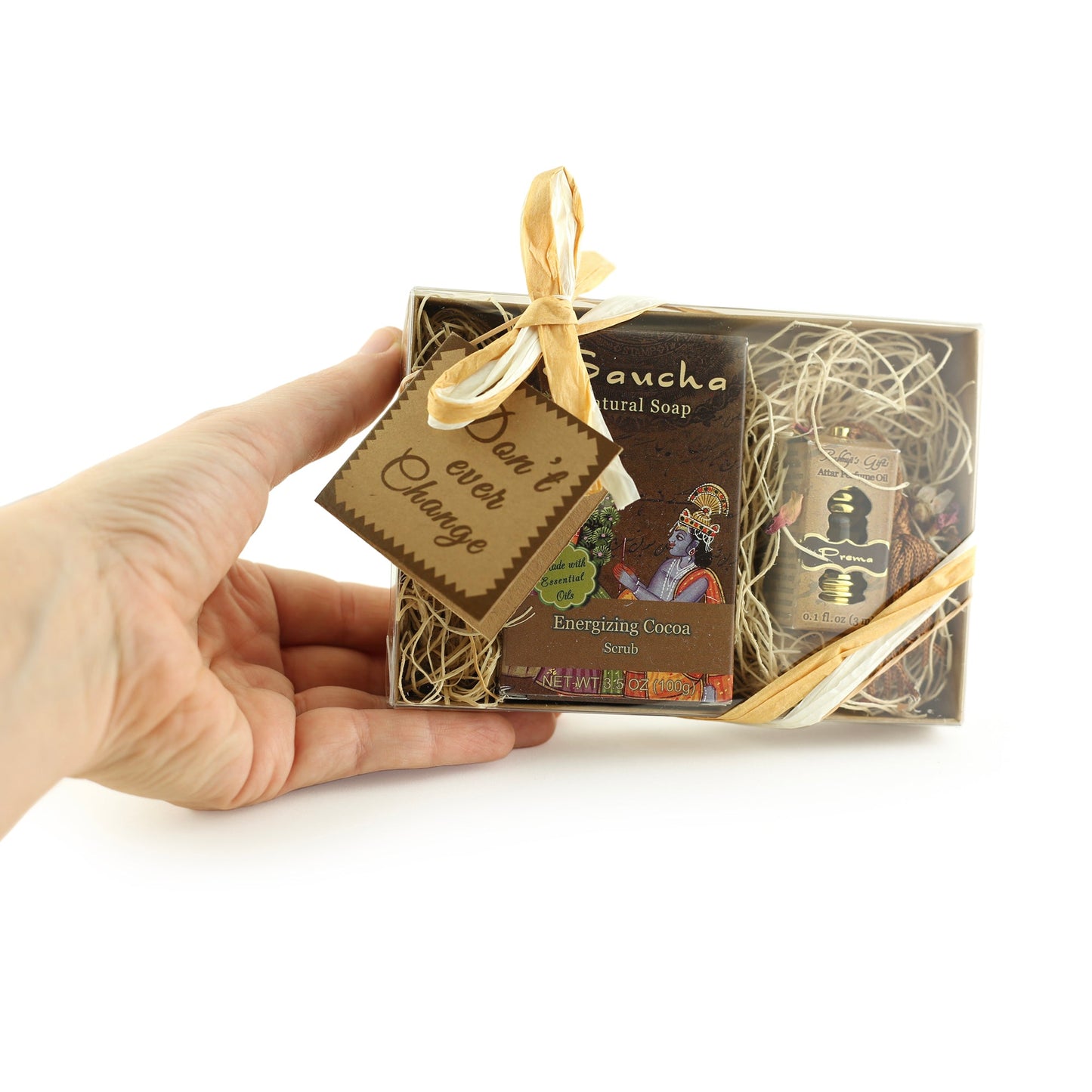 Prabhuji Gift Set - Saucha Bar Soap 'Energizing Cocoa' and Attar Oil 'Prema' - with Greeting 'Don't ever change'