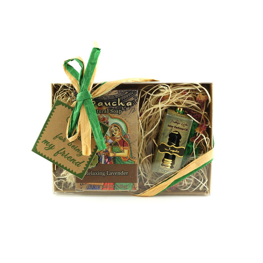 Gift Set - Saucha Bar Soap 'Relaxing Lavender' and Attar Perfume Oil 'Jugala' - with Greeting 'Thank you for being my friend'