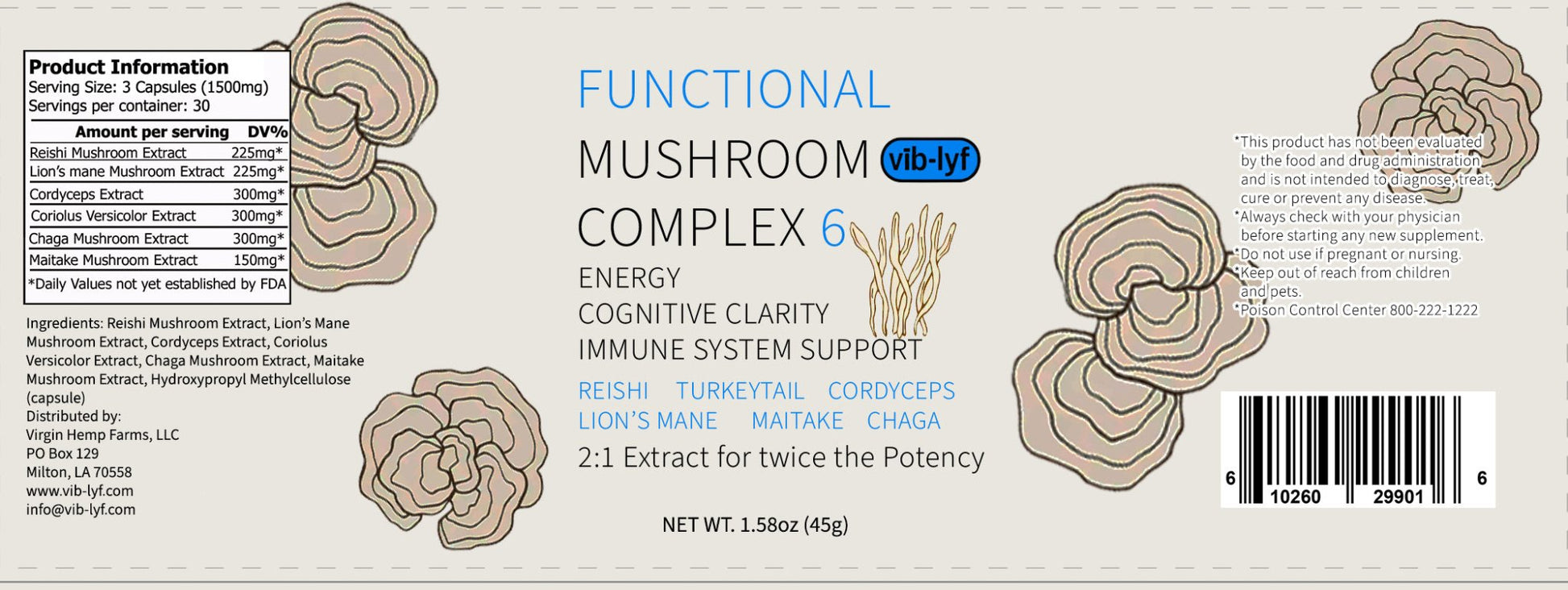 Functional Mushroom Complex 6 (500mg x 90 Capsules) - Tree Spirit Wellness