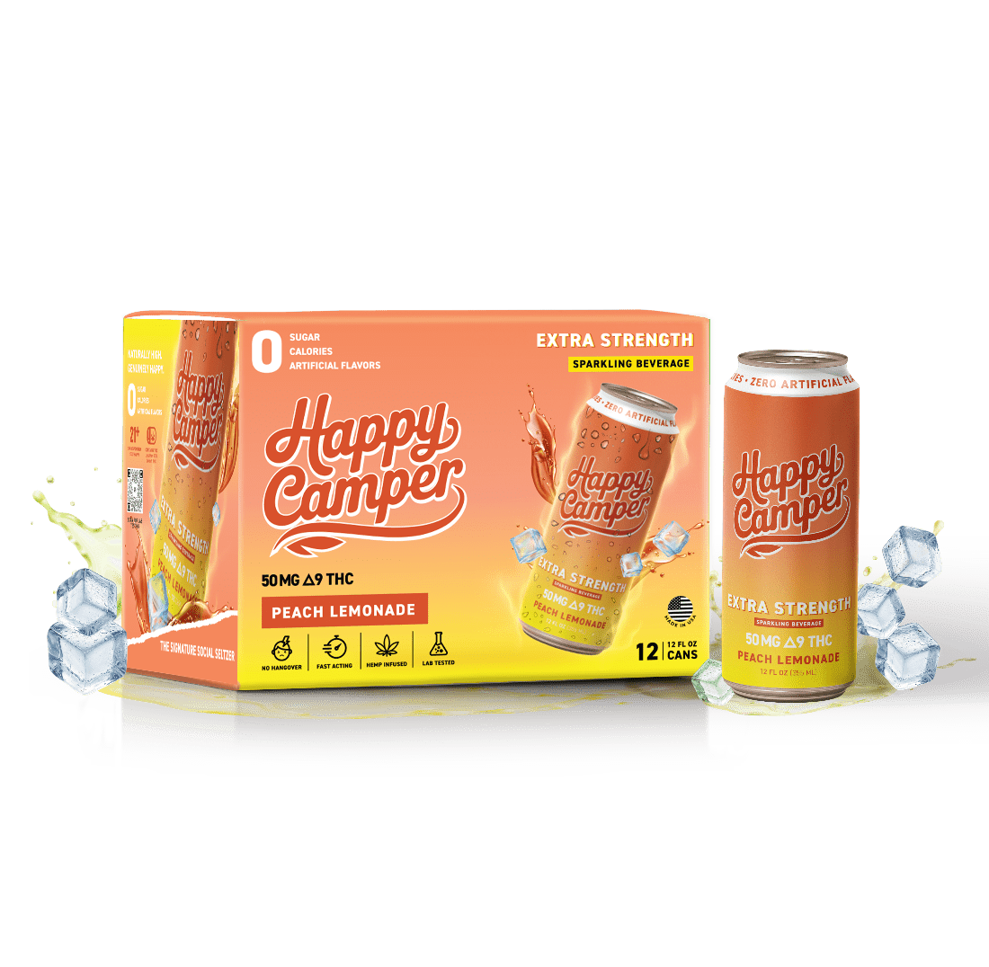 happy camper Peach Lemonade - 50mg Delta 9 THC - 355 ml Extra Strength - 12 pack - Tree Spirit Wellness