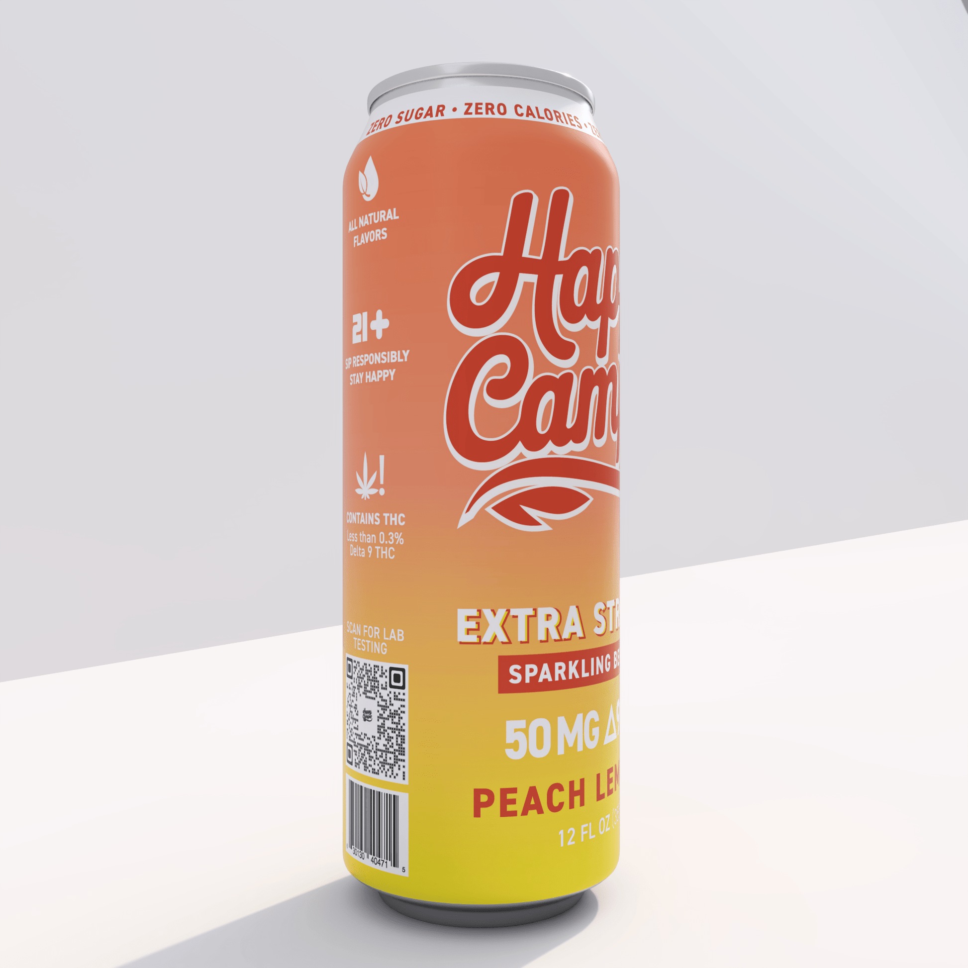 happy camper Peach Lemonade - 50mg Delta 9 THC - 355 ml Extra Strength - 12 pack - Tree Spirit Wellness