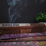 Incense Burner - Wooden Box with Storage - 5 Panel Jali & Flowers - Tree Spirit Wellness
